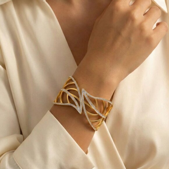 Gold Leaf Cuff Hinged Bracelet | 18K Gold Plated Stainless Steel | Sparkling - Picture 3 of 10